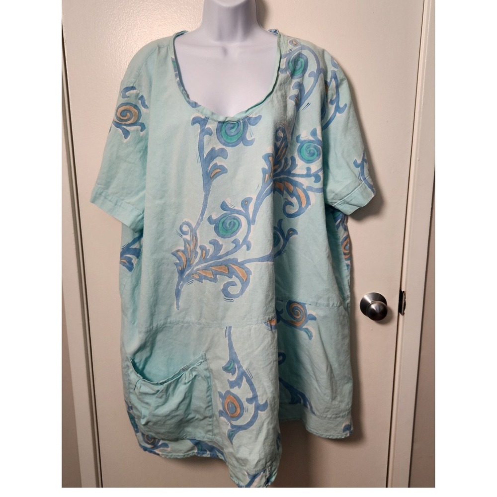 Women's Plus Size 4X 100% Cotton Tunic Pastel Blue Pockets Artsy Langenlook